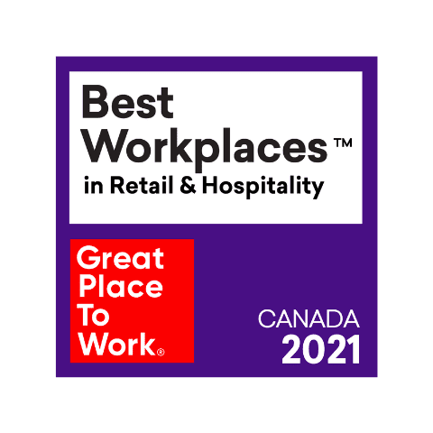 Great Places To Work logo for Canada's Best Workplaces in Retail & Hospitality in 2022.